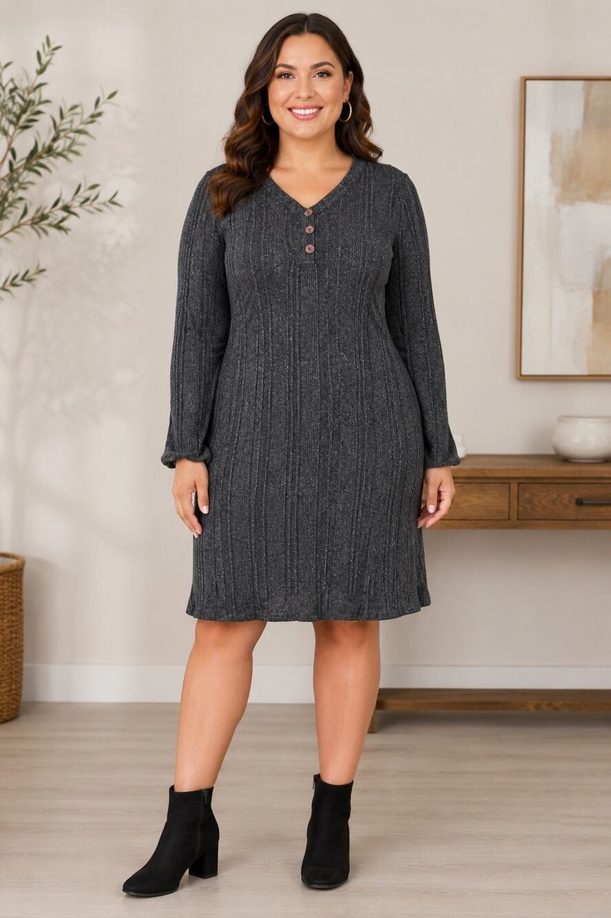 Susina Gray Charcoal Ribbed Knit Sweater Dress | V-Neck | Long Sleeve | Sz S NWT